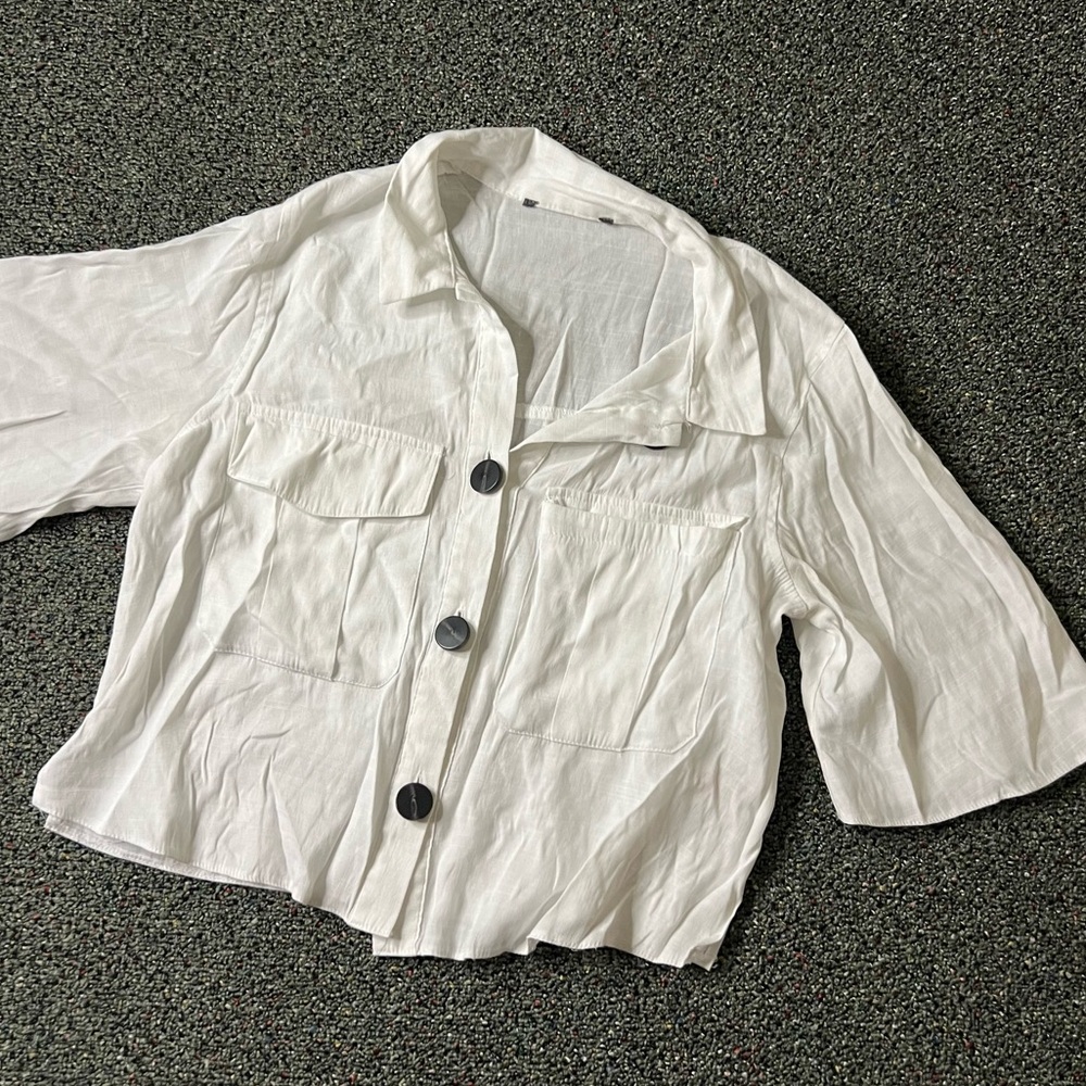 PRIMARK White Short-Sleeve Oversize Boxy Button Down Blouse Top Collar T-Shirt S - Picture 8 of 16